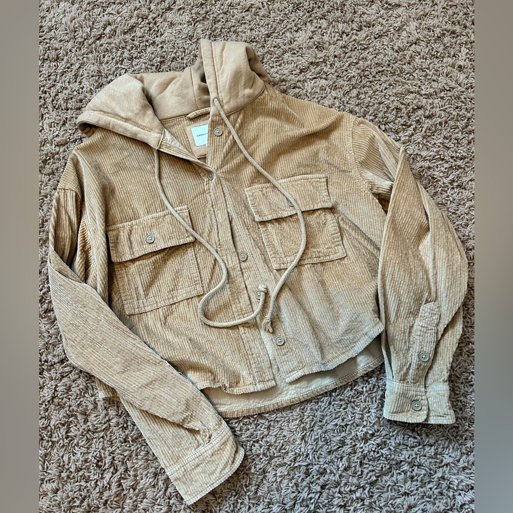 American Eagle Tan Corduroy cropped Hooded Jacket